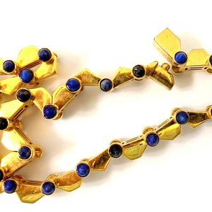 W. Britt Gold Tone Link Choker Necklace Blue Beads 2 Sides Triangle Shape